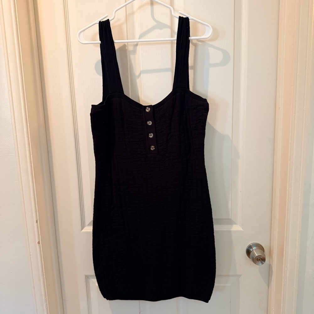Free People Beach🏖️Short&Sweet Textured Mini Dress Black Henley Button. lrg NWOT